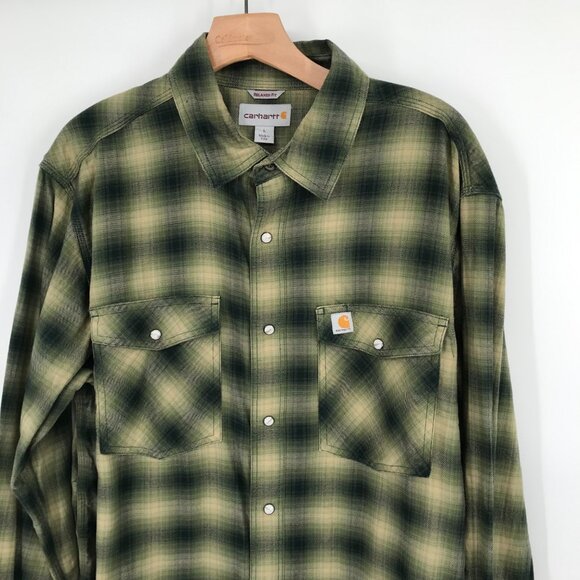 Carhartt Men's rugged flex Hamilton Plaid Western snap Shirt Size Large Green - Picture 4 of 9